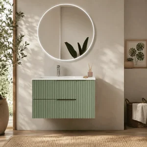 Conjunto mueble de baño suspendido Marte con lavabo de porcelana, en verde, ambientado en baño