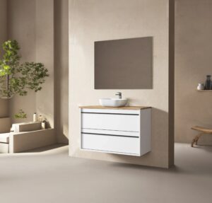 Mueble de baño suspendido Juno con tapa melamina para lavabo sobre encimera