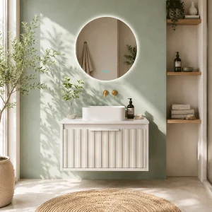 Mueble de baño suspendido Apolo con tapa Solid Surface blanca, en blanco, ambientado en baño