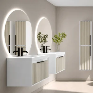 Mueble de baño suspendido Apolo con tapa Solid Surface blanca, en blanco, ambientado en baño, vista 8