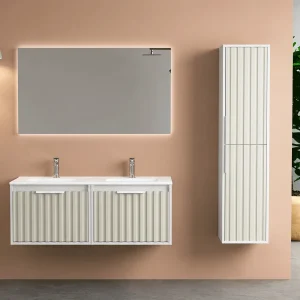 Mueble de baño suspendido Apolo con tapa Solid Surface blanca, en blanco, ambientado en baño, vista 11