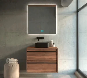 Mueble de baño suspendido Juno con tapa melamina para lavabo sobre encimera, en madera oscura, ambientado en baño