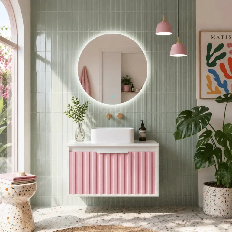 Mueble de baño suspendido Apolo con tapa Solid Surface blanca, en rosa ranurado con espejo redondo