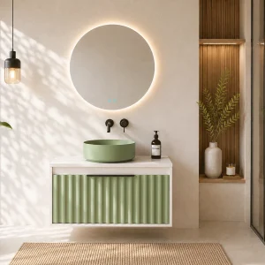 Mueble de baño suspendido Apolo con tapa Solid Surface blanca, en verde, ambientado en baño