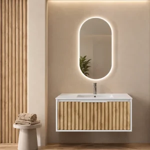 Conjunto mueble de baño Apolo con lavabo de porcelana, en madera, ambientado en baño