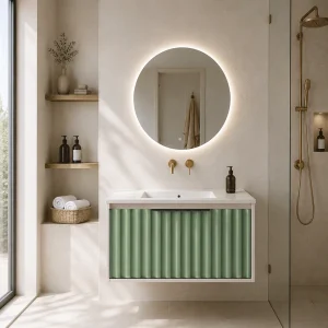 Conjunto mueble de baño Apolo con lavabo de porcelana, en verde, ambientado en baño