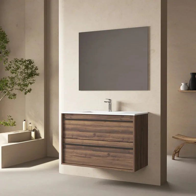 conjunto mueble bano juno porcelana en nogal