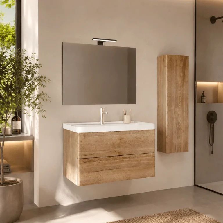 Conjunto de baño suspendido Round con lavabo de porcelana Cosmos, en madera con espejo y columna