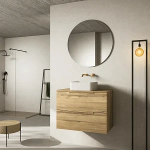 Mueble suspendido Neptuno con tapa de melamina para lavabo sobre encimera, en madera con espejo redondo