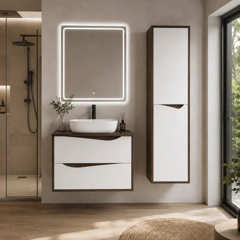 Conjunto de mueble suspendido Porland con tapa de melamina para lavabo sobre, en blanco con espejo iluminado y columna