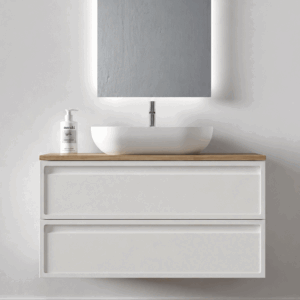 Conjunto mueble de baño suspendido Frame con tapa de melamina para lavabos sobre encimera - Imagen 4