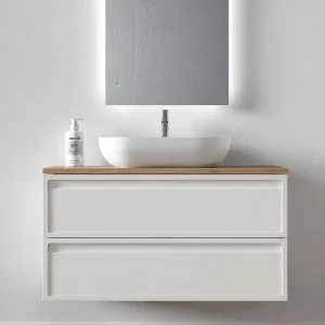 Conjunto mueble de baño suspendido Frame con tapa de melamina para lavabos sobre encimera, en blanco