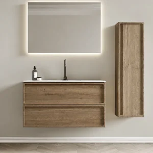 Conjunto mueble de baño suspendido Frame con lavabo de porcelana Marte, en madera, ambientado en baño, vista 4