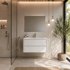 Conjunto mueble de baño suspendido Frame con lavabo de porcelana Marte, en blanco, ambientado en baño