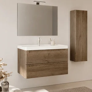 Conjunto de baño suspendido Round con lavabo de porcelana Cosmos, en madera, ambientado en baño, vista 4