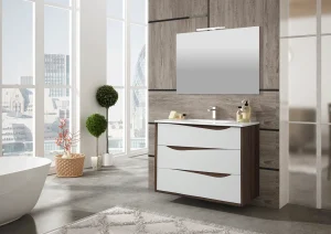 Conjunto de mueble Augusta con lavabo de porcelana, en blanco, ambientado en baño
