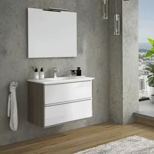 Conjunto de mueble suspendido Tallín con lavabo de porcelana, en blanco, ambientado en baño, vista 3