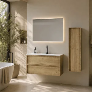 Conjunto mueble de baño suspendido Frame con lavabo de porcelana Marte, en madera con espejo y columna