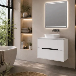 Mueble Londres suspendido con tapa de melamina para lavabo sobre encimera, en blanco, ambientado en baño, vista 3