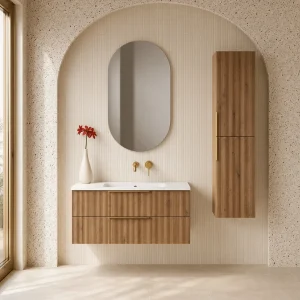Conjunto de baño Júpiter suspendido con lavabo de porcelana, en madera, ambientado en baño