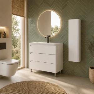Conjunto de baño suspendido Round con tres cajones y lavabo Cosmos, en blanco, ambientado en baño