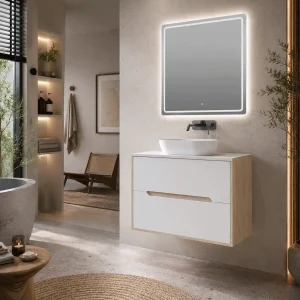 Mueble Londres suspendido con tapa de melamina para lavabo sobre encimera, en blanco, ambientado en baño, vista 4
