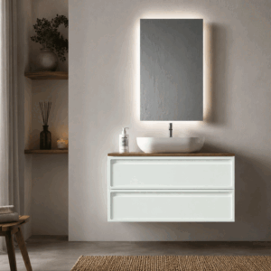 Conjunto mueble de baño suspendido Frame con tapa de melamina para lavabos sobre encimera - Imagen 2