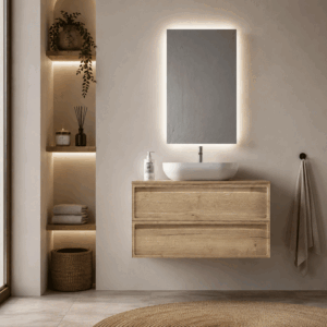 Conjunto mueble de baño suspendido Frame con tapa de melamina para lavabos sobre encimera