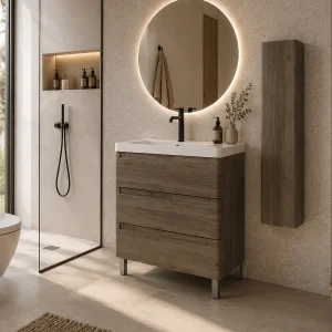 Conjunto de baño suspendido Round con tres cajones y lavabo Cosmos, en madera, ambientado en baño, vista 5