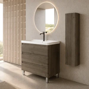 Conjunto de baño suspendido Round con tres cajones y lavabo Cosmos, en madera, ambientado en baño