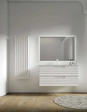 Conjunto mueble suspendido Duna con lavabo de porcelana Marte, en blanco, ambientado en baño