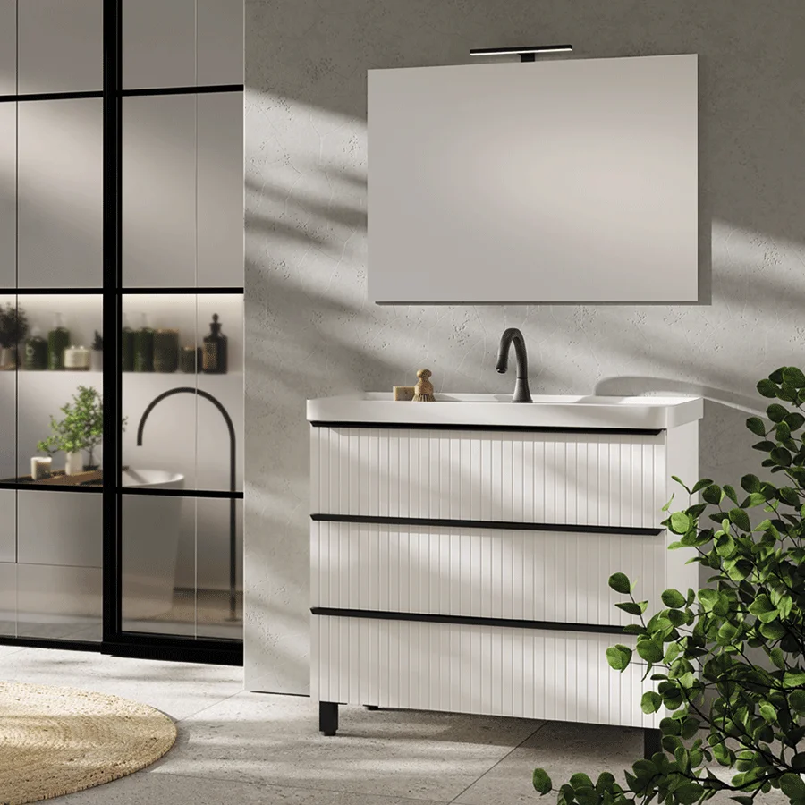 Conjunto mueble de baño suspendido Novel con lavabo porcelánico Cosmos, en blanco con patas y espejo