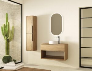 Mueble de baño suspendido Minerva con tapa de melamina para lavabos sobre encimera