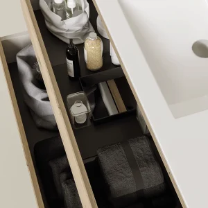 Conjunto mueble suspendido Duna con lavabo de porcelana Marte, con cajón abierto