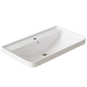 Conjunto de baño suspendido Round con lavabo de porcelana Cosmos, detalle del lavabo en blanco