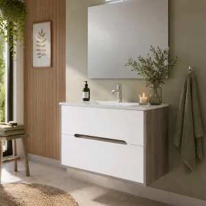 Conjunto mueble suspendido Londres lavabo porcelánico, en blanco, ambientado en baño, vista 5