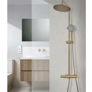 Conjunto monomando de ducha modelo Turín, en dorado, instalado en ducha
