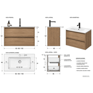 Conjunto mueble de baño suspendido Frame con lavabo de porcelana Marte - Imagen 11