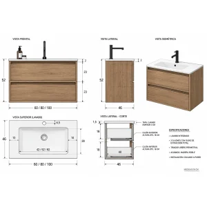 Conjunto mueble de baño suspendido Frame con lavabo de porcelana Marte, plano con medidas