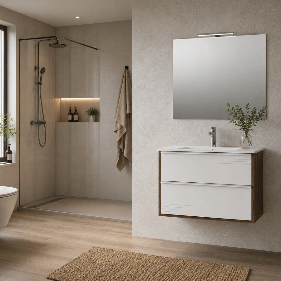 nogal- Conjunto de mueble suspendido Tallín con lavabo de porcelana - Imagen 1