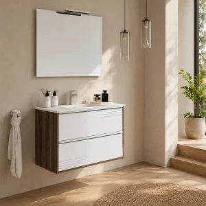 Conjunto de mueble suspendido Tallín con lavabo de porcelana, en blanco, ambientado en baño, vista 5