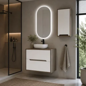 Mueble Londres suspendido con tapa de melamina para lavabo sobre encimera, en blanco, ambientado en baño, vista 5