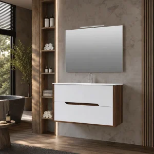 Conjunto mueble suspendido Londres lavabo porcelánico, en blanco con espejo iluminado