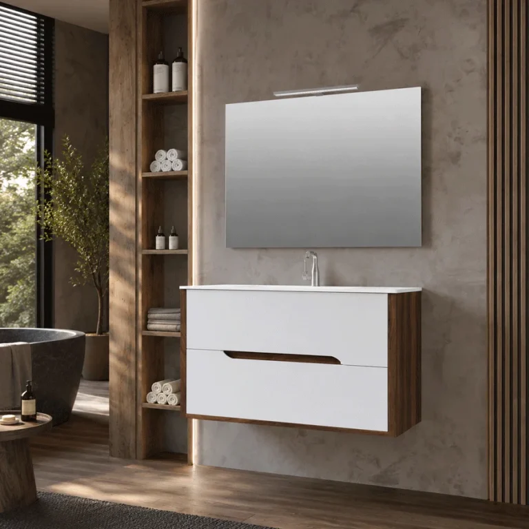 Conjunto mueble suspendido Londres lavabo porcelánico, en blanco con espejo iluminado