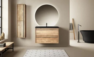 Conjunto completo de mueble de baño Juno con lavabo Canadá negro mate y espejo semicircular retroiluminado