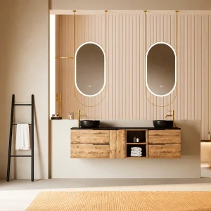 Conjunto mueble de baño Vulcano dos cajones suspendido, en madera, ambientado en baño, vista 7