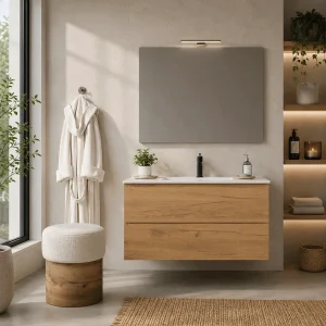 Conjunto de mueble de baño suspendido Cairo dos cajones con lavabo porcelanico Onix, en madera, ambientado en baño, vista 4