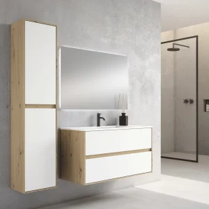 Mueble de baño suspendido Mydesign con lavabo de porcelana, en blanco y madera con columna