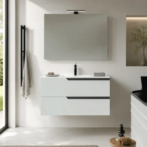 Conjunto de mueble de baño suspendido Bohe con lavabo de porcelana y gran capacidad, en blanco con espejo