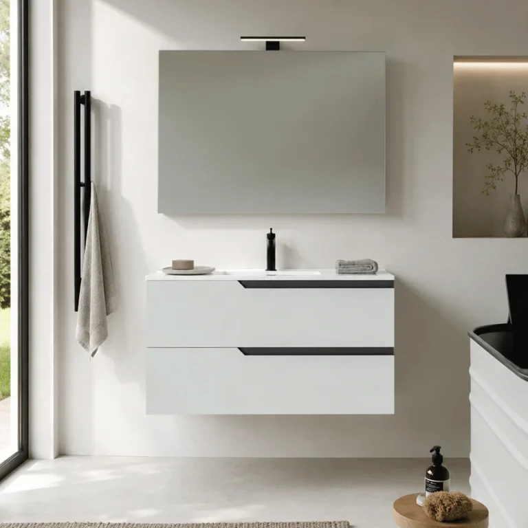 Conjunto de mueble de baño suspendido Bohe con lavabo de porcelana y gran capacidad, en blanco con espejo